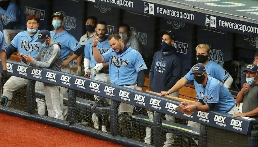 Tampa Bay Rays players cheer and react from the dugout during a game.