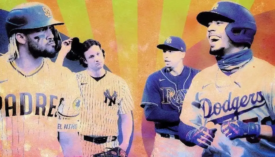 Illustration features MLB players from the Padres, Yankees, Rays, and Dodgers.