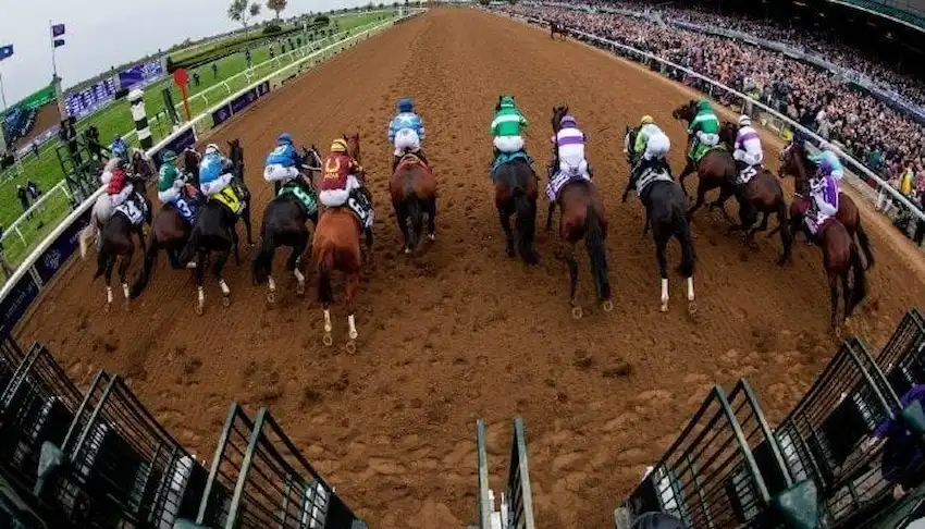 A group of racehorses with jockeys in colorful silks burst out of the starting gates.