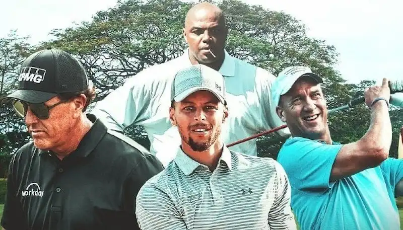 A promotional image featuring four well-known athletes, dressed in golf attire.