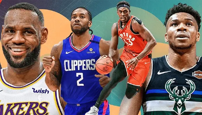 Gambling News 8 A collage of NBA players in uniform, showcasing vibrant team colors from the Lakers, Clippers, Raptors, and Bucks against a colorful background.