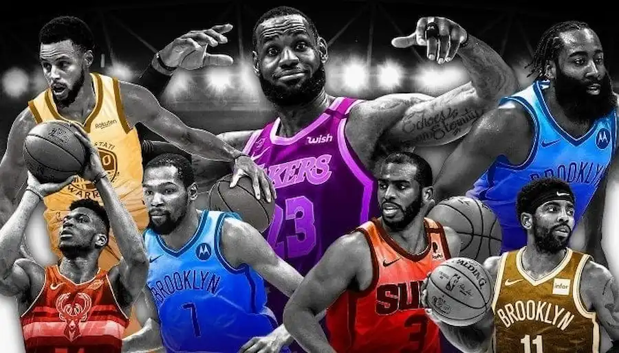 NBA players in action poses, including LeBron James in the center.