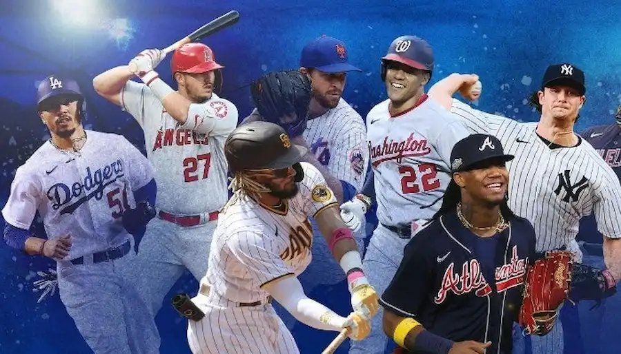 Several MLB players from different teams are featured in a dynamic collage.