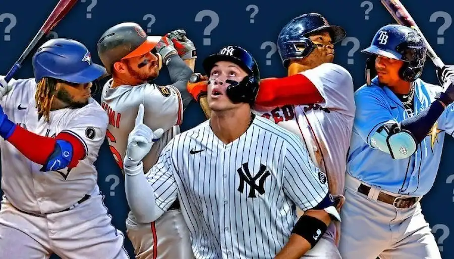 A collage of prominent American League East MLB players mid-action.
