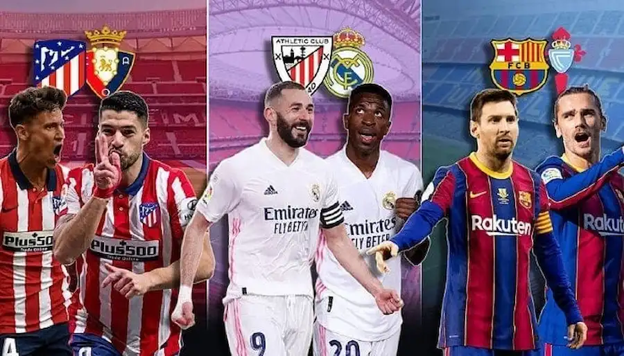 A promotional graphic for La Liga features star players from Atlético Madrid, Real Madrid, and FC Barcelona.