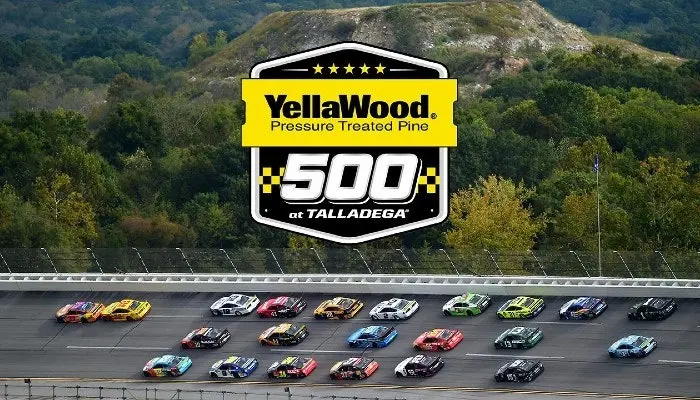 yellawood logo in front of the track and racecars