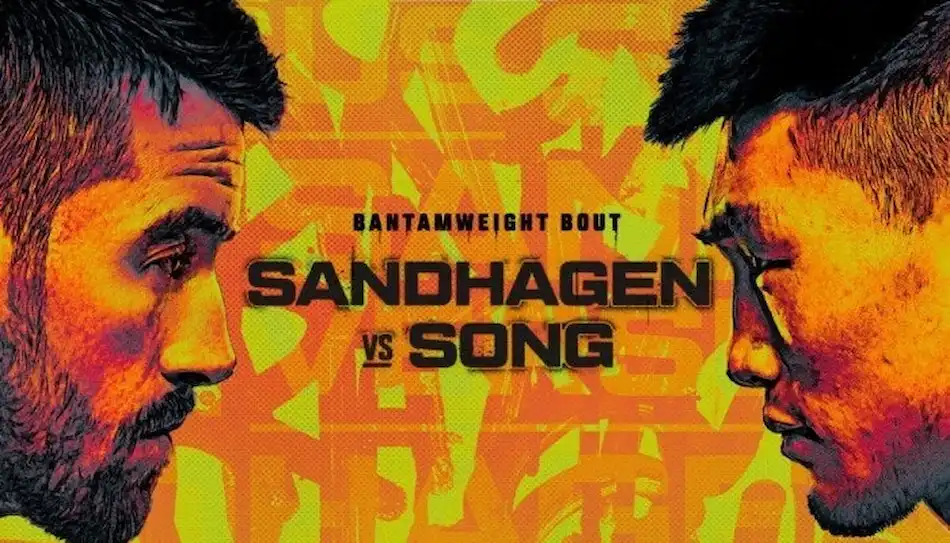 Graphic for a UFC bantamweight bout featuring a face-off between fighters Sandhagen and Song,