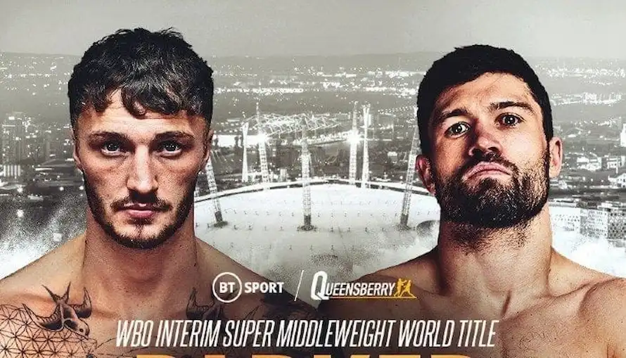 Gambling News 10 Boxing promotion poster featuring two fighters facing off for the WBO Interim Super Middleweight World Title.