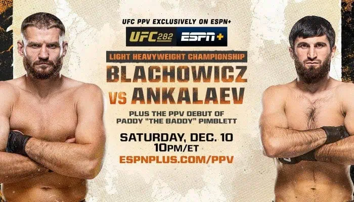 Gambling News 9 Promotional poster for UFC 282, featuring a Light Heavyweight Championship fight between Jan Blachowicz and Magomed Ankalaev.