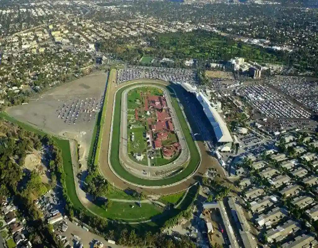 Aerial view of Santa Anita Park horse racing track featured in betting guide
