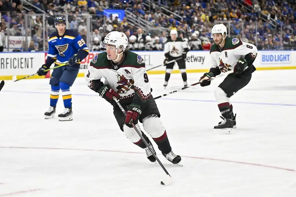 NHL 2 Arizona Coyotes players skate during a game.