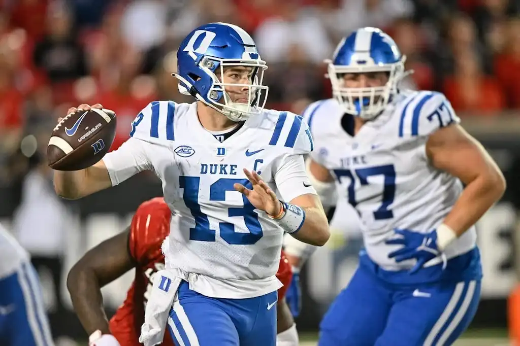 Duke University quarterback prepares to throw a football during a game.