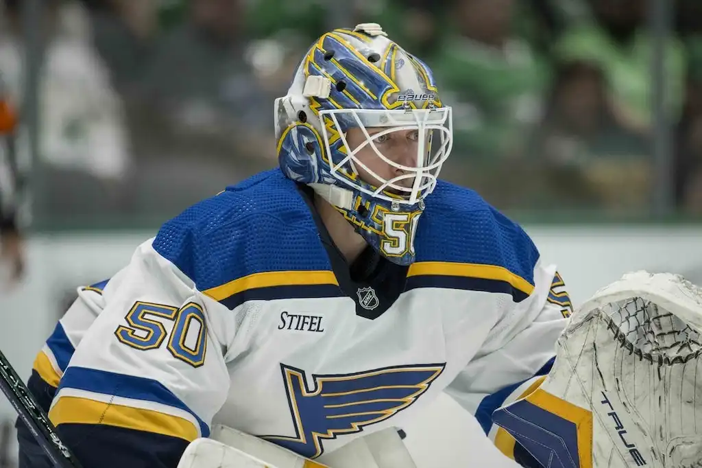 NHL 10 A St. Louis Blues goalie, stays focused in net during an NHL game.