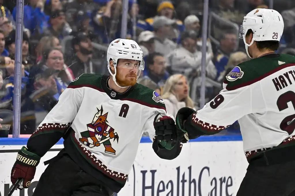 An Arizona Coyotes player bumps a teammate during an NHL game.