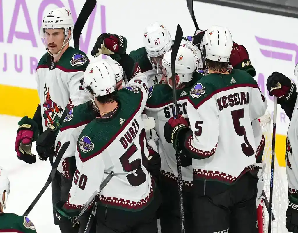 Arizona Coyotes players huddle to celebrate a goal during NHL game against Tampa Bay Lightning
