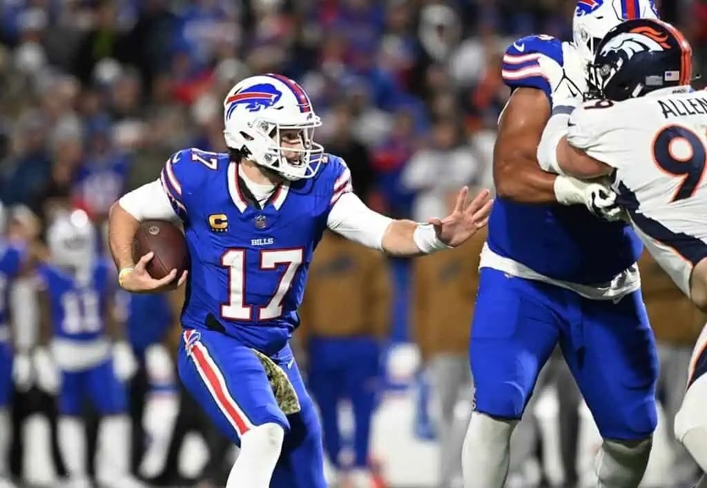 This image appears to show a Buffalo Bills quarterback, wearing jersey number 17