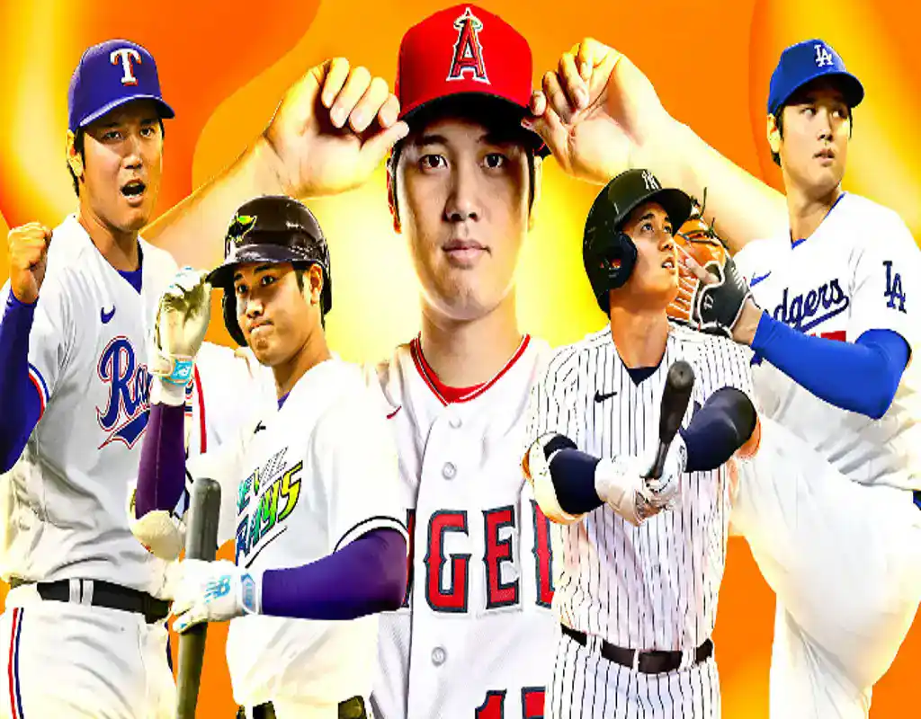 Ilustración de Shohei Ohtani con uniformes de diferentes equipos de la MLB sobre fondo naranja brillante