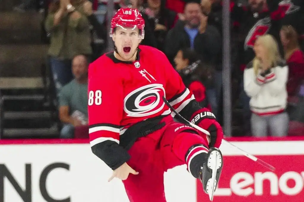 NHL 10 This image captures an electrifying moment from a Carolina Hurricanes game.