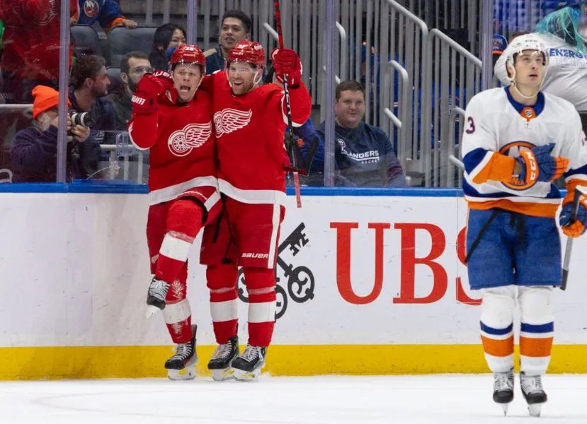 red wings players celebrating