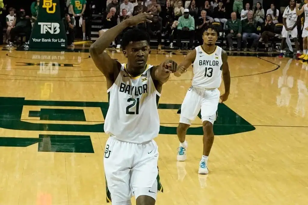 Two Baylor University basketball players during a game.