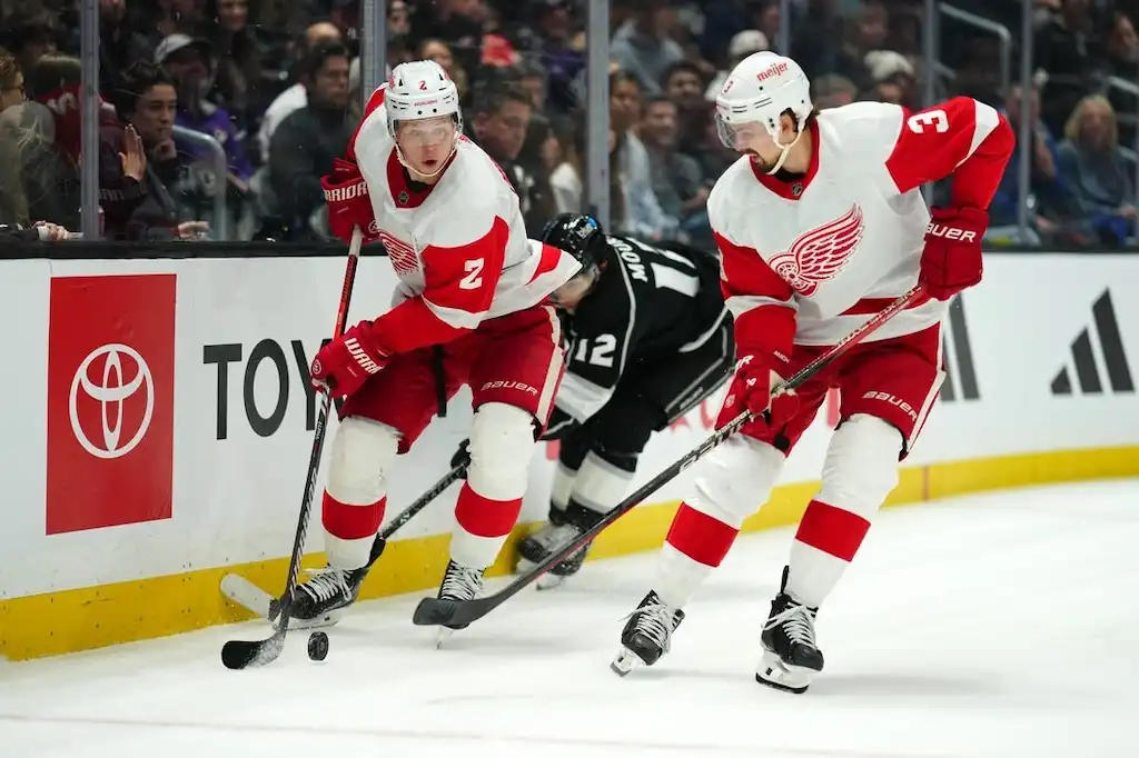 NHL 3 Two Detroit Red Wings players skate along the boards while controlling the puck.