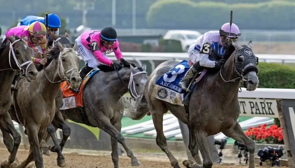 Gambling News 8 A group of racehorses sprint down the final stretch of a dirt track.