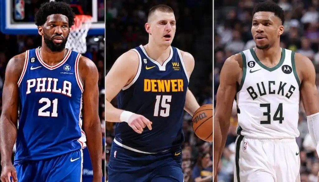 Gambling News 11 Side-by-side image of three NBA players: Joel Embiid, Nikola Jokićand and Giannis Antetokounmpo