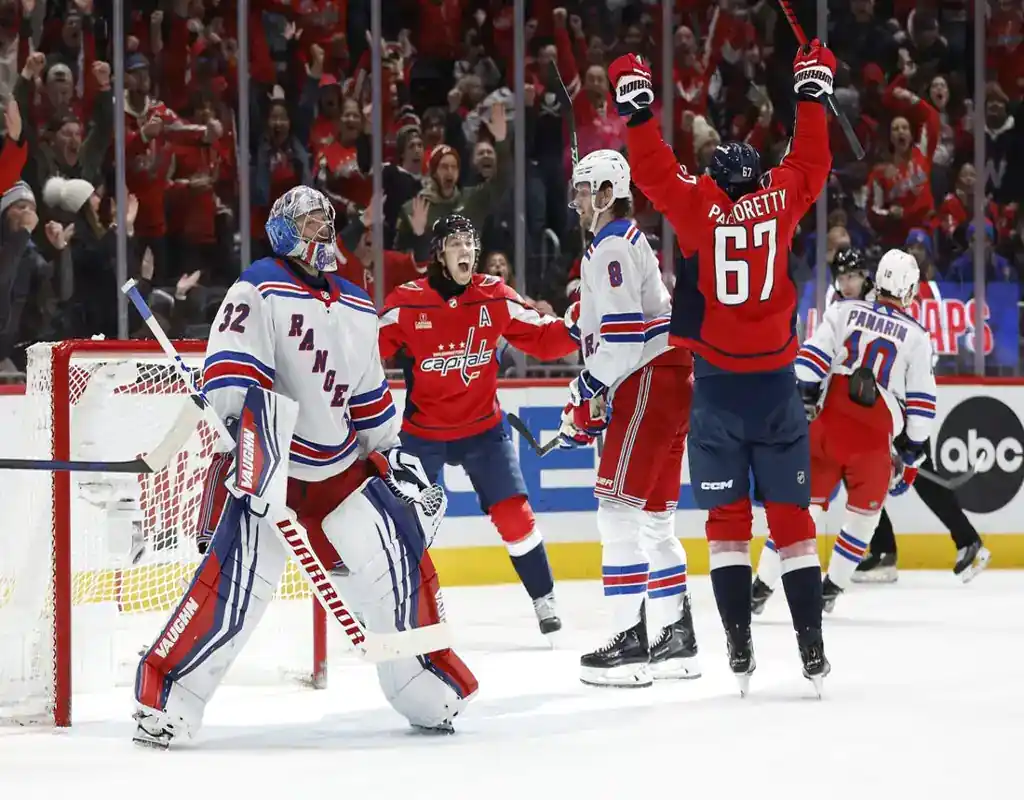 Washington Capitals players celebrate a goal against New York Rangers on January 14, 2024