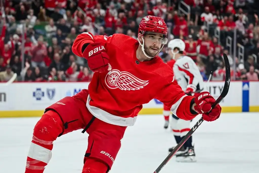 A Detroit Red Wings player celebrates after scoring a goal.
