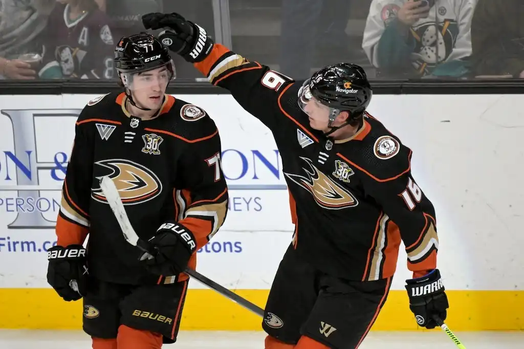 Two Anaheim Ducks hockey players celebrate on the ice.