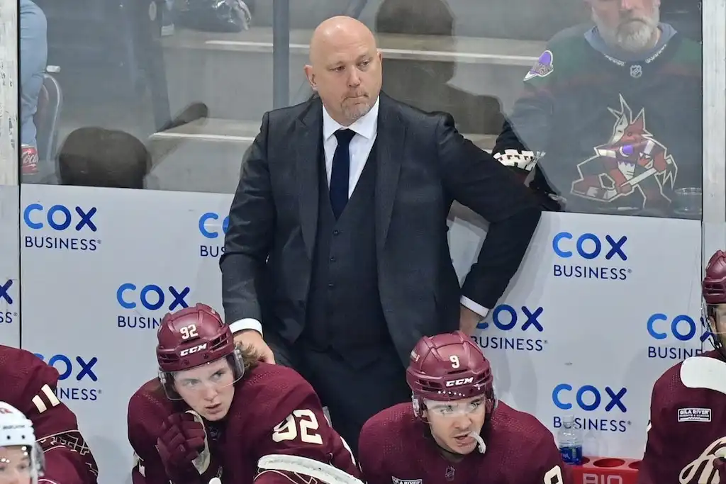 NHL 2 Arizona Coyotes coach stands behind the bench with players during an NHL game.