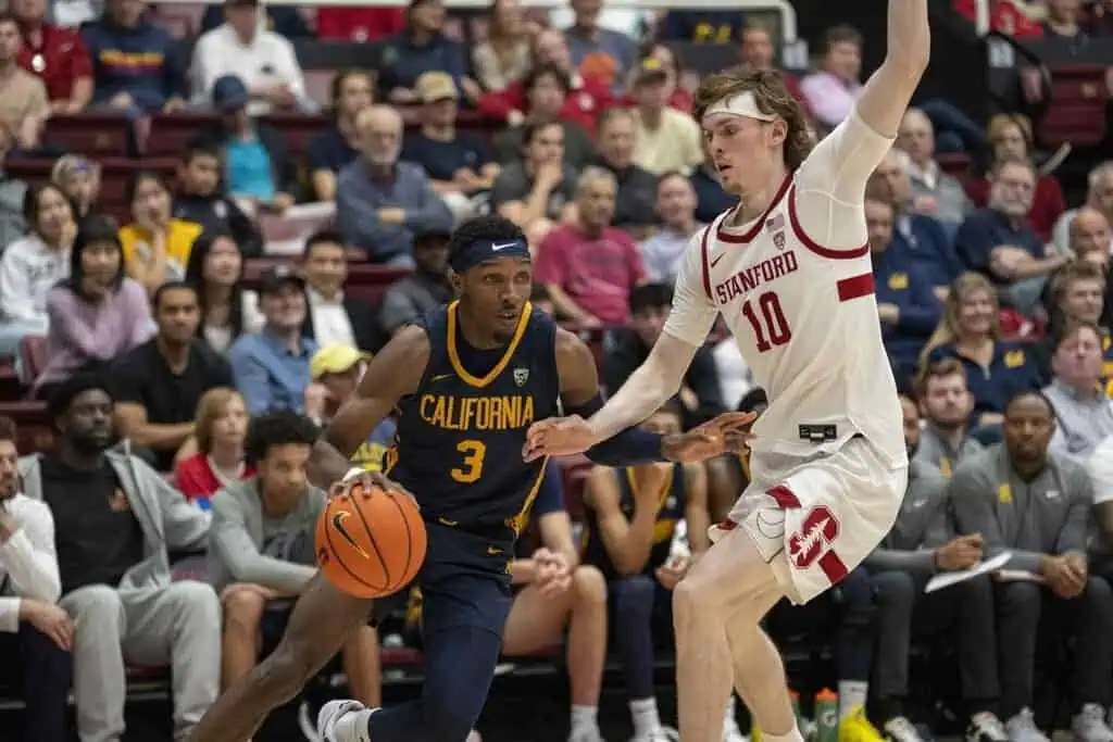College basketball game between the California Golden Bears (Cal) and the Stanford Cardinal, two Pac-12 rivals.