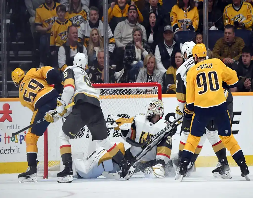 NHL 10 Vegas Golden Knights defend goal against Nashville Predators in NHL game ahead of March 28, 2024 matchup vs Winnipeg Jets