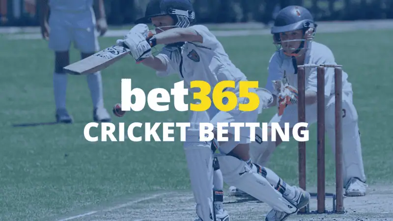 A young cricketer swings a bat on the field while two teammates stand near the stumps, with a focus on cricket betting promotion.