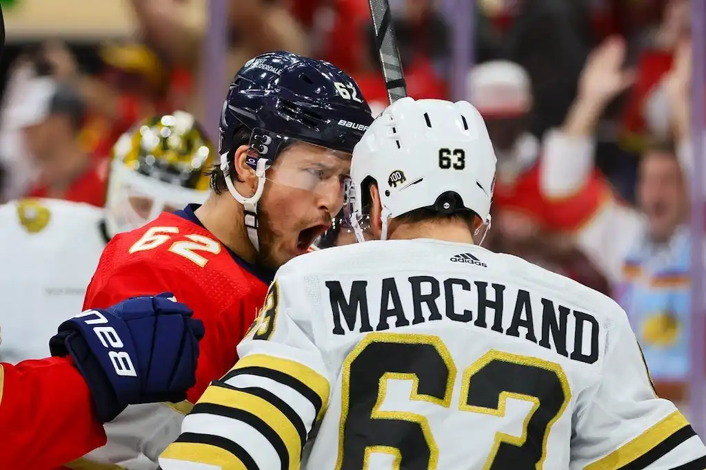 A Florida Panthers player, gets face-to-face and shouts at Boston Bruins forward Brad Marchand.