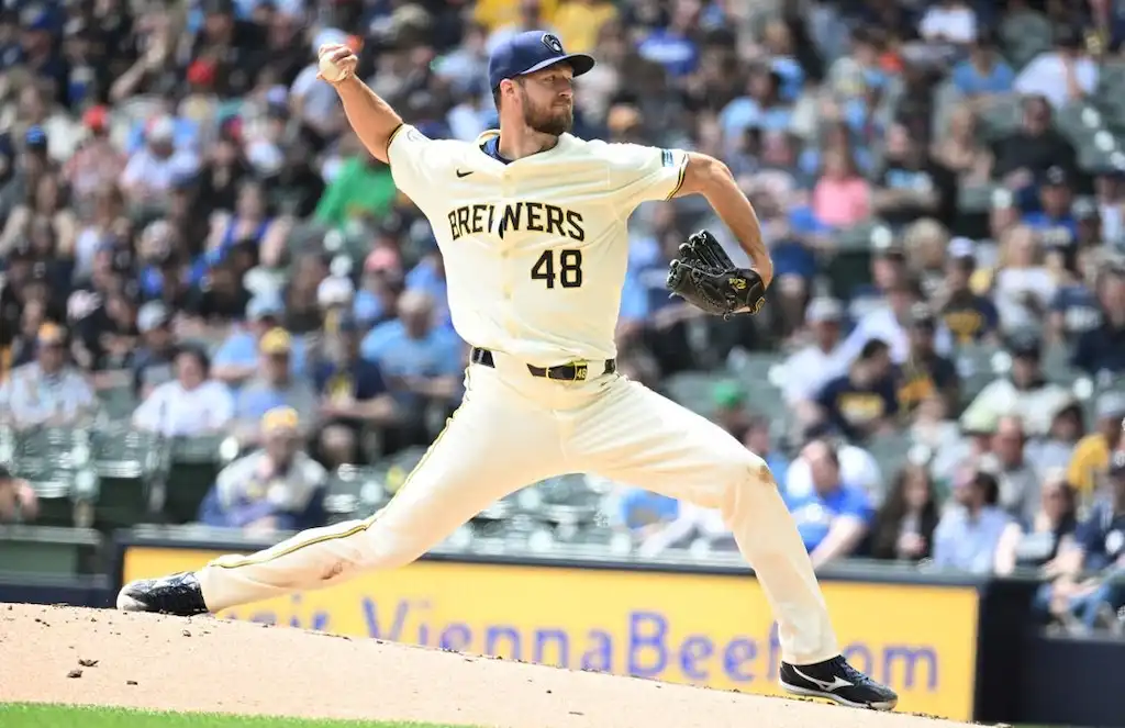 6 A Milwaukee Brewers pitcher winds up to throw a pitch.