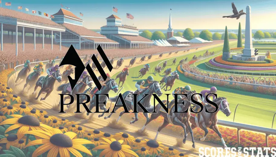 A stylized illustration of the Preakness Stakes horse race, showing jockeys on horses racing around a bend with a grandstand full of spectators and vibrant sunflowers in the foreground. The word "Preakness" and the event’s logo appear prominently, along with the Scores & Stats branding.