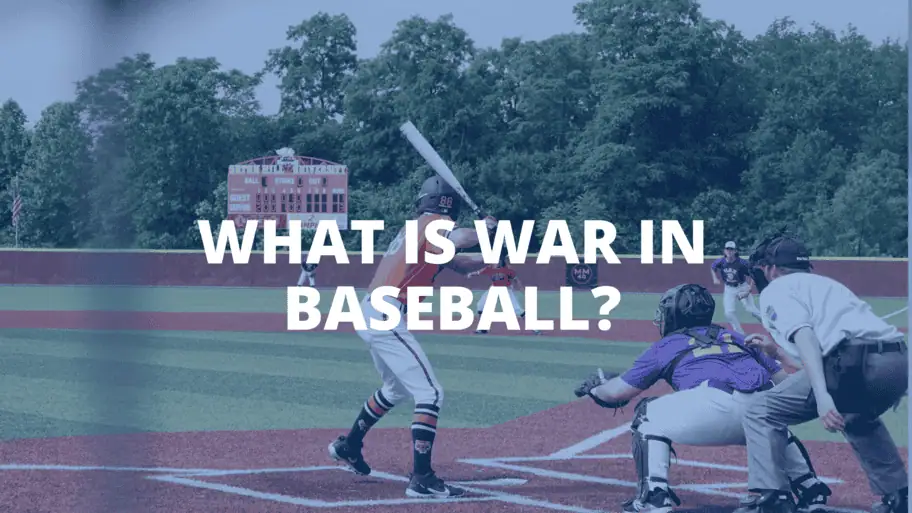 A batter prepares to swing at a pitch during a baseball game on a turf field, with the text "What Is WAR in Baseball?" prominently displayed across the center.