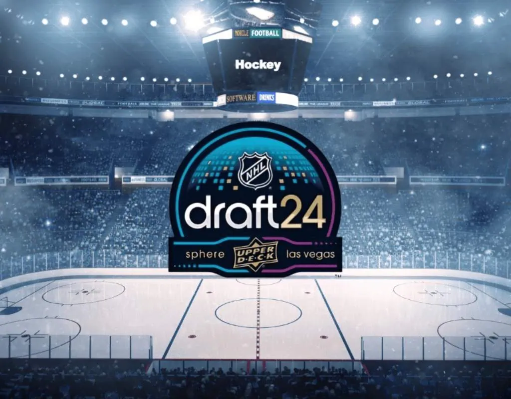 Ice rink inside a packed arena featuring the NHL Draft 24 logo, set in Las Vegas, emphasizing hockey excitement and energy.