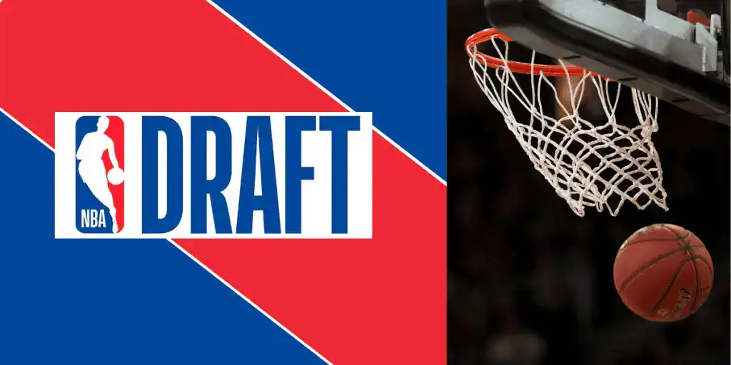 NBA Draft logo alongside a basketball hovering above a hoop, symbolizing the selection of new talent into professional basketball.