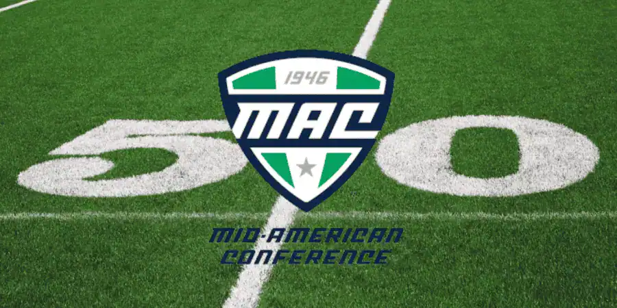 Logo of the Mid-American Conference (MAC) on a football field, featuring the year 1946, centered on the 50-yard line.