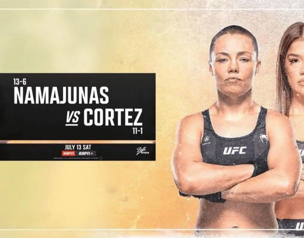 Fight poster featuring Namajunas (record 13-6) facing Cortez (record 11-1) on July 13, broadcasted on ESPN.