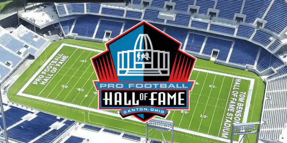 Aerial view of Tom Benson Hall of Fame Stadium in Canton, Ohio, featuring the Pro Football Hall of Fame logo.