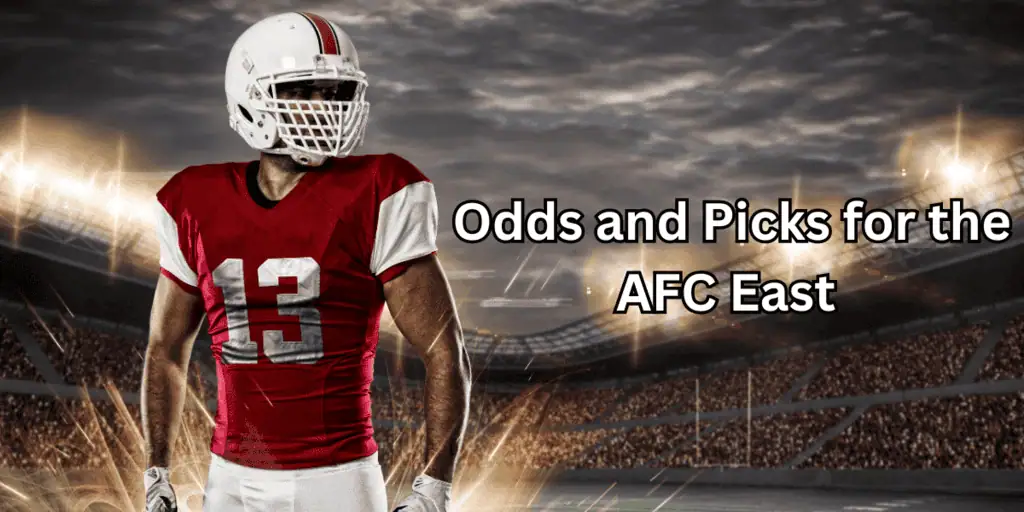 A football player in a red jersey stands confidently on the field, ready for action, with text about AFC East odds and picks.