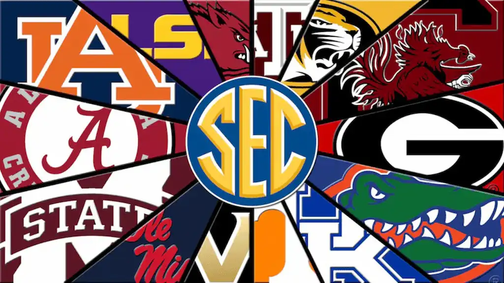 College football team logos arranged in a circular pattern around the SEC emblem in the center.