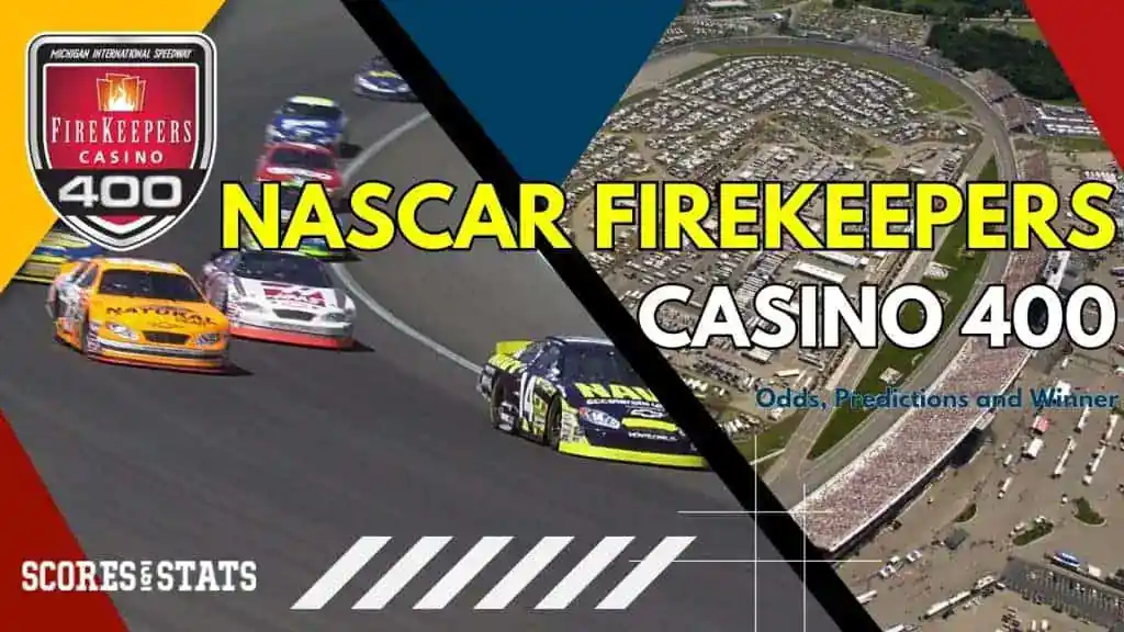 NASCAR FireKeepers Casino 400 graphic showing race cars on track with event details, including odds and predictions.