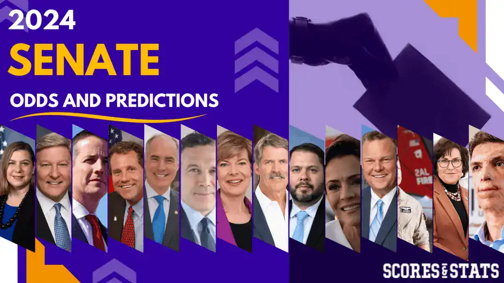 Graphic showcasing the 2024 Senate election, featuring candidate images, odds, and predictions on a vibrant purple background.