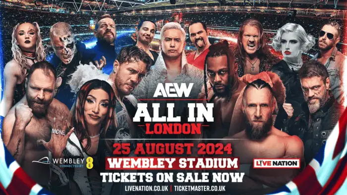 Promotional poster for AEW All In London featuring multiple wrestlers, with event details for 25 August 2024 at Wembley Stadium.