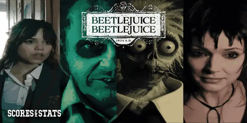A collage featuring characters from Beetlejuice, showcasing spooky visuals and the movie title prominently displayed.