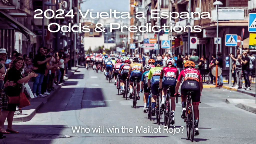 Cyclists racing through a city street with crowd on the sides and text reading "2024 Vuelta a España Odds & Predictions."